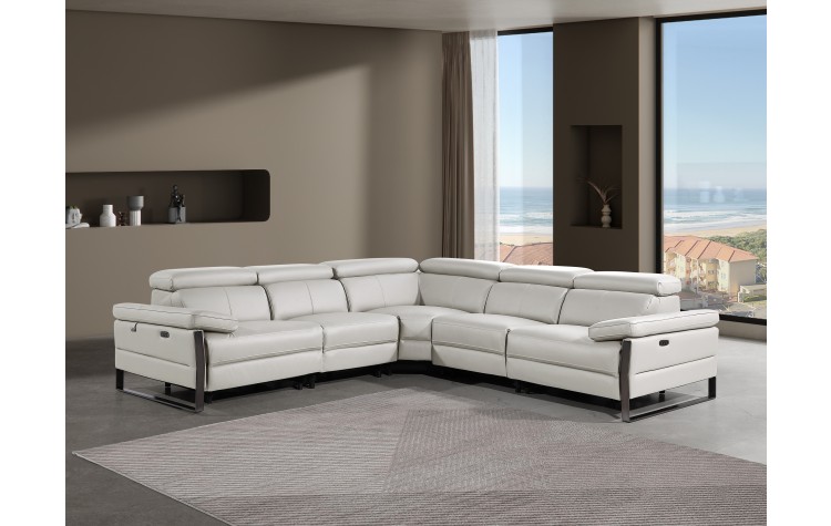 1246 - DivanItalia Light Grey 5-Piece L-Shaped Modular Power Reclining Sectional with Power Headrests - Top Grain Italian Leather