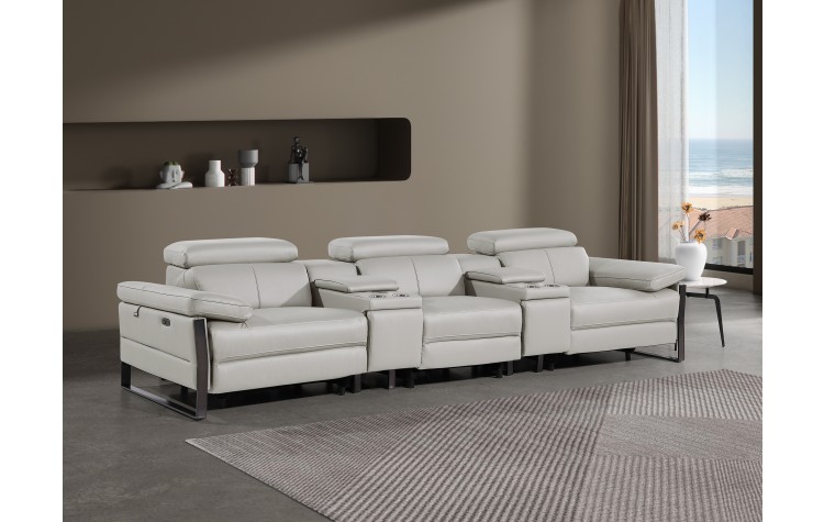 1246 - DivanItalia Light Grey Modular Power Triple Reclining Dual Console Sofa with Power Reclining Headrests - Top Grain Italian Leather
