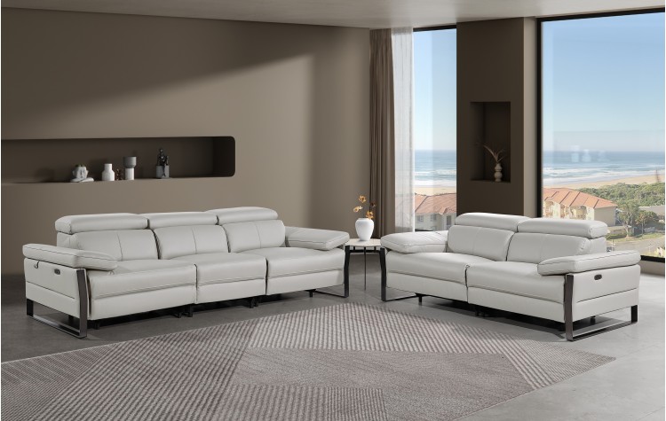 1246 - DivanItalia Light Grey Modular Power Dual Reclining Sofa and Loveseat Set with Power Headrests - Top Grain Italian Leather
