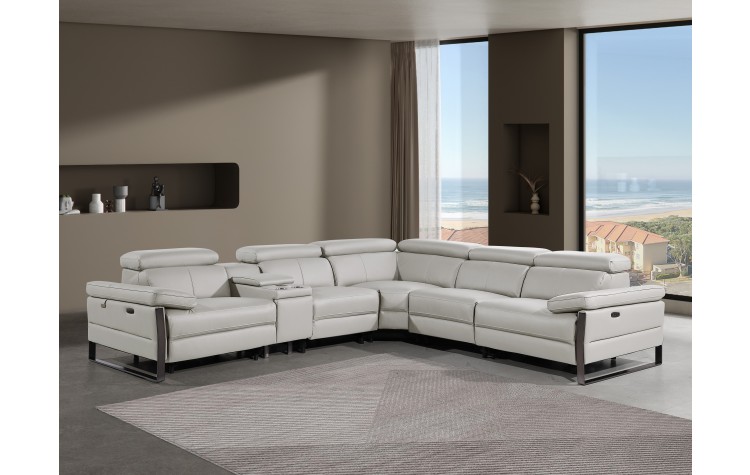 1246 - DivanItalia Light Grey 6-Piece L-Shaped Modular Power Reclining Sectional with 3 Power Recliners and Power Headrests - Top Grain Italian Leather