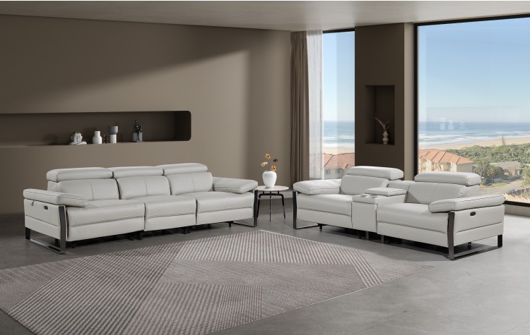 1246 - DivanItalia Light Grey Modular Power Triple Reclining Sofa and Console Loveseat Set with Power Headrests - Top Grain Italian Leather