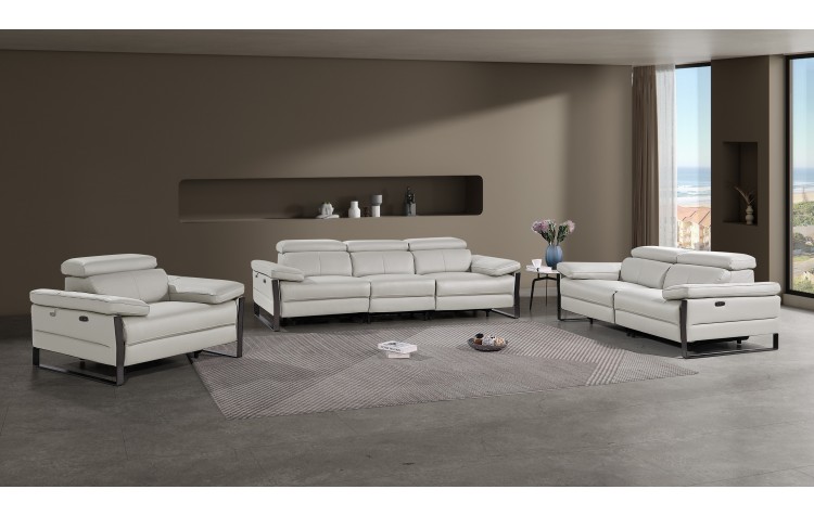1246 - DivanItalia Light Grey Modular Power Triple Reclining Sofa, Loveseat, and Chair Set with Power Headrests - Top Grain Italian Leather