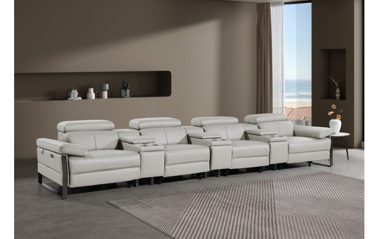 1246 - DivanItalia Light Grey Modular Power Triple Reclining Triple Console Sofa with Power Reclining Headrests - Top Grain Italian Leather