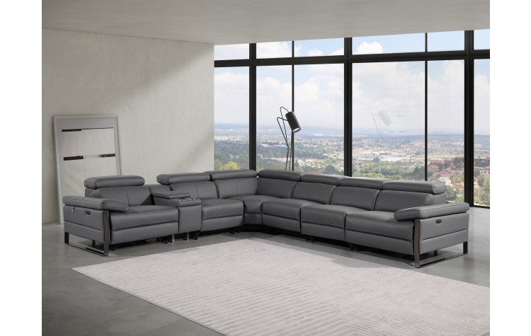1246 - DivanItalia Dark Grey 7-Piece L-Shaped Modular Power Reclining Sectional with 4 Power Recliners and Power Headrests - Top Grain Italian Leather