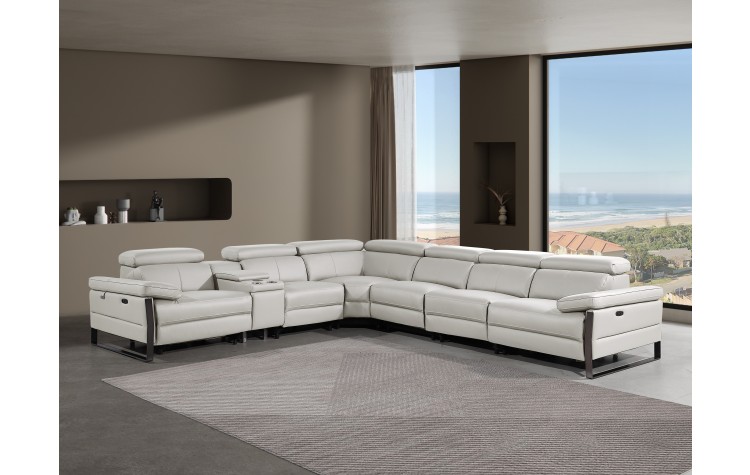 1246 - DivanItalia Light Grey 7-Piece L-Shaped Modular Power Reclining Sectional with 4 Power Recliners and Power Headrests - Top Grain Italian Leather