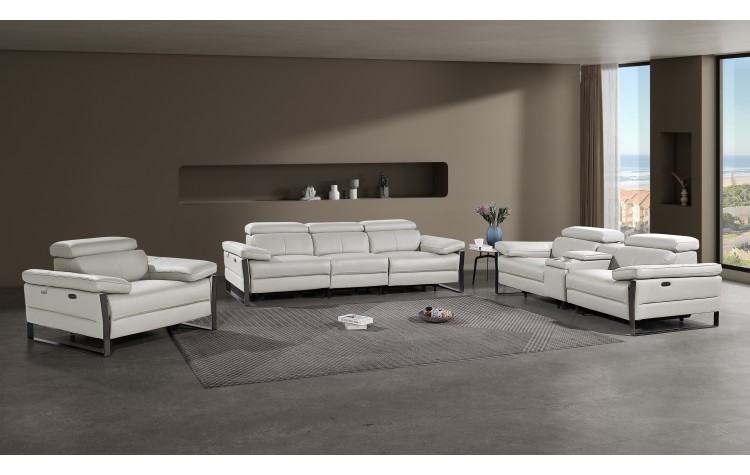 1246 - DivanItalia Light Grey Modular Power Dual Reclining Sofa, Console Loveseat, and Chair Set with Power Headrests - Top Grain Italian Leather