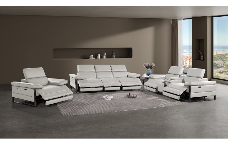 1246 - DivanItalia Light Grey Modular Power Triple Reclining Sofa, Console Loveseat, and Chair Set with Power Headrests - Top Grain Italian Leather