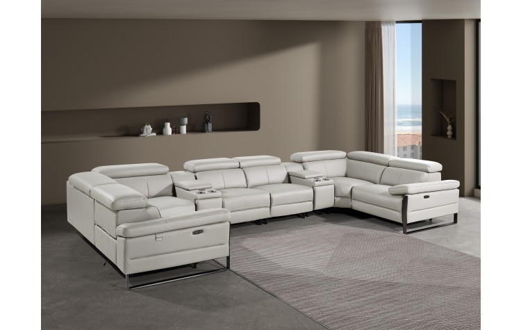 1246 - DivanItalia Light Grey 8-Piece U-Shaped Modular Power Reclining Sectional with 2 Power Recliners and Power Headrests - Top Grain Italian Leather