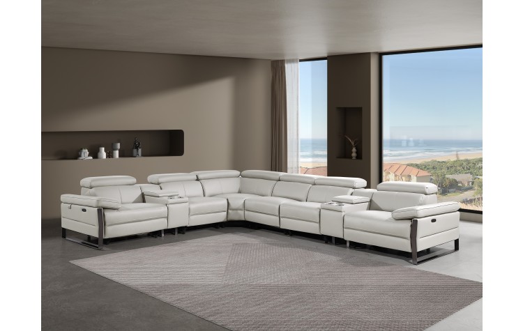1246 - DivanItalia Light Grey 8-Piece L-Shaped Modular Power Reclining Sectional with 4 Power Recliners and Power Headrests - Top Grain Italian Leather