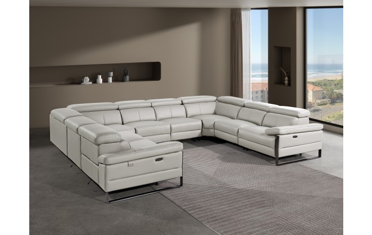 1246 - DivanItalia Light Grey 8-Piece U-Shaped Modular Power Reclining Sectional with 4 Power Recliners and Power Headrests - No Console - Top Grain Italian Leather