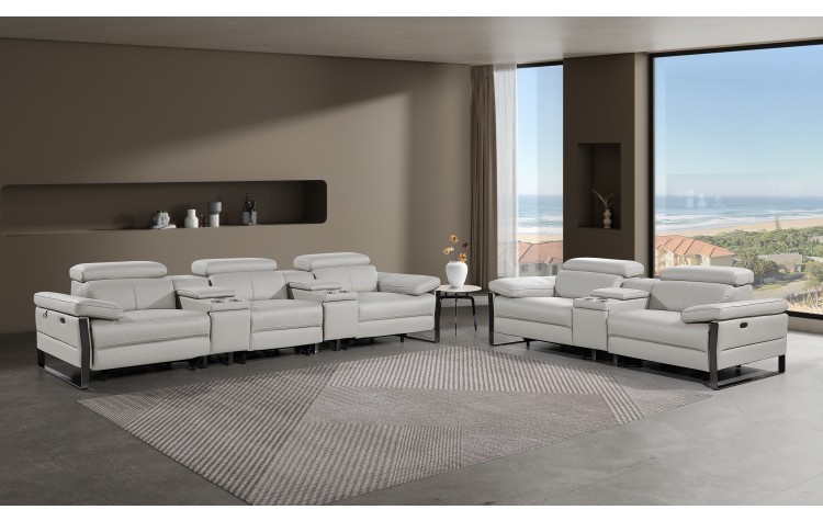 1246 - DivanItalia Light Grey Modular Power Reclining Dual Console Sofa and Console Loveseat Set with Power Headrests - Top Grain Italian Leather