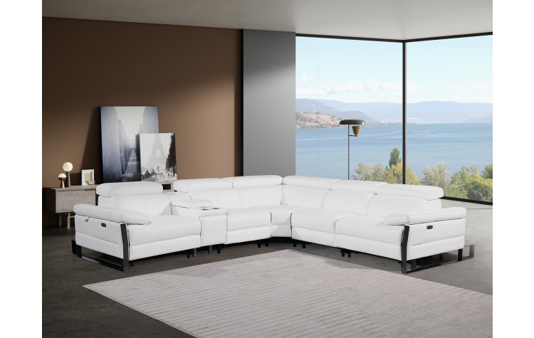 1246 - DivanItalia White 6-Piece L-Shaped Modular Power Reclining Sectional with 3 Power Recliners and Power Headrests - Top Grain Italian Leather