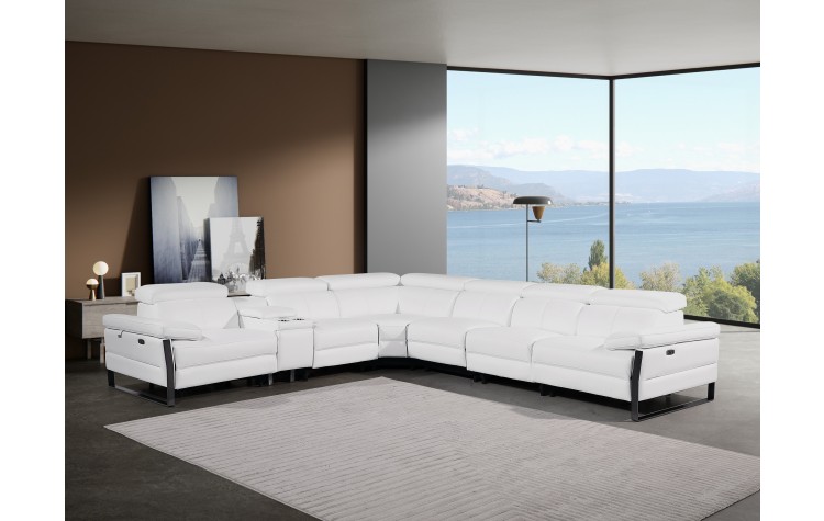 1246 - DivanItalia White 7-Piece L-Shaped Modular Power Reclining Sectional with 3 Power Recliners and Power Headrests - Top Grain Italian Leather
