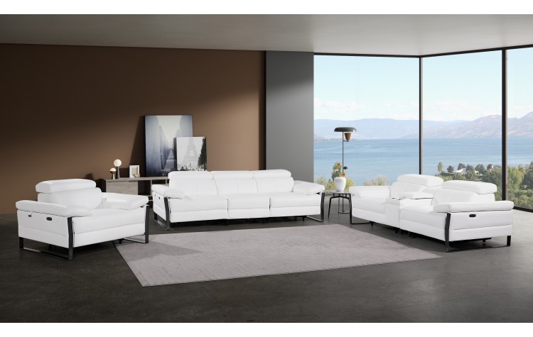 1246 - DivanItalia White Modular Power Triple Reclining Sofa, Console Loveseat, and Chair Set with Power Headrests - Top Grain Italian Leather