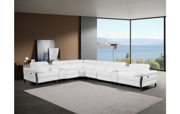 1246 - DivanItalia White 8-Piece L-Shaped Modular Power Reclining Sectional with 4 Power Recliners and Power Headrests - Top Grain Italian Leather