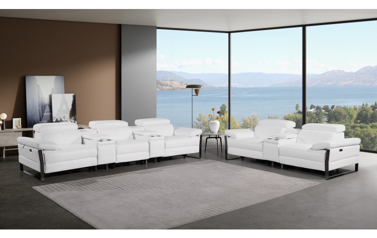 1246 - DivanItalia White Modular Power Reclining Dual Console Sofa and Console Loveseat Set with Power Headrests - Top Grain Italian Leather