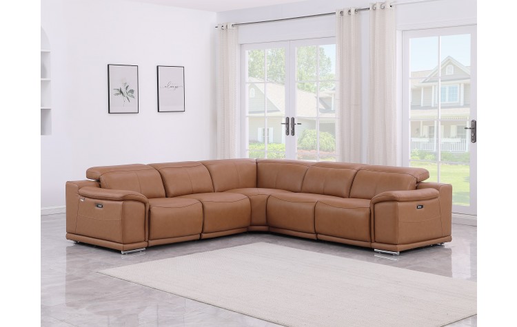 9762 DivanItalia Cognac 5-Piece Sectional with 3 Power Recliners and 1 Console Top Grain Italian Leather