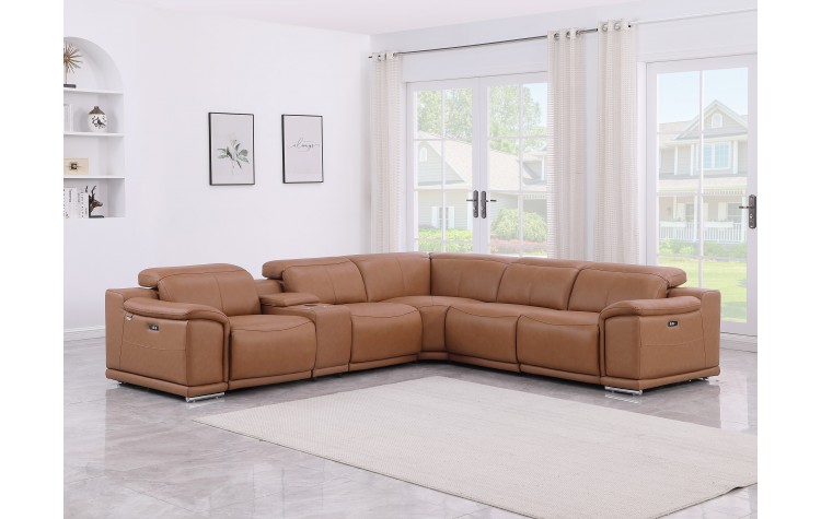 9762 DivanItalia Cognac 6-Piece Sectional with 3 Power Recliners and 1 Console Top Grain Italian Leather