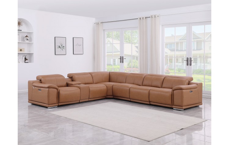 9762 DivanItalia Cognac 7-Piece Sectional with 4 Power Recliners and 1 Console Top Grain Italian Leather