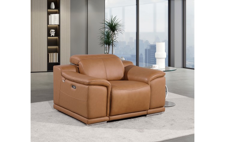 9762 DivanItalia Cognac Top Grain Italian Leather Power Reclining Chair with Adjustable Headrest