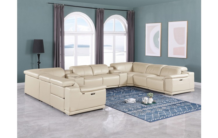 9762 DivanItalia Beige 10-Piece Sectional – Top Grain Italian Leather with 4 Power Recliners  and 2 Consoles