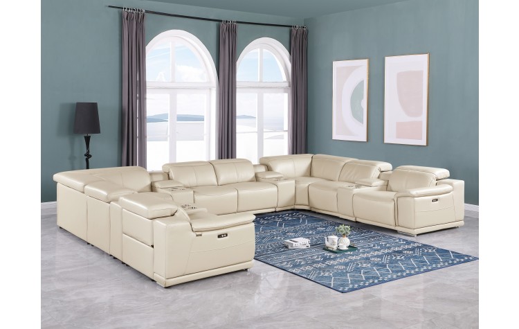 9762 DivanItalia Beige 12-Piece Sectional – Top Grain Italian Leather with 4 Power Recliners and 4 Consoles