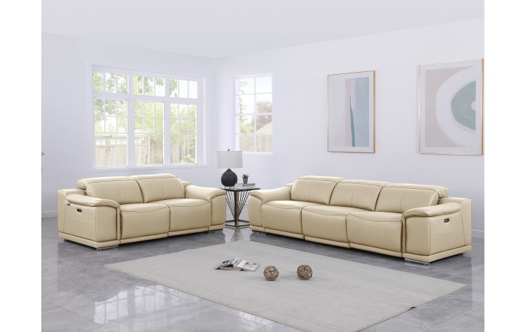 9762 DivanItalia Beige Modular Power Reclining Sofa and Loveseat Set in Top Grain Italian Leather