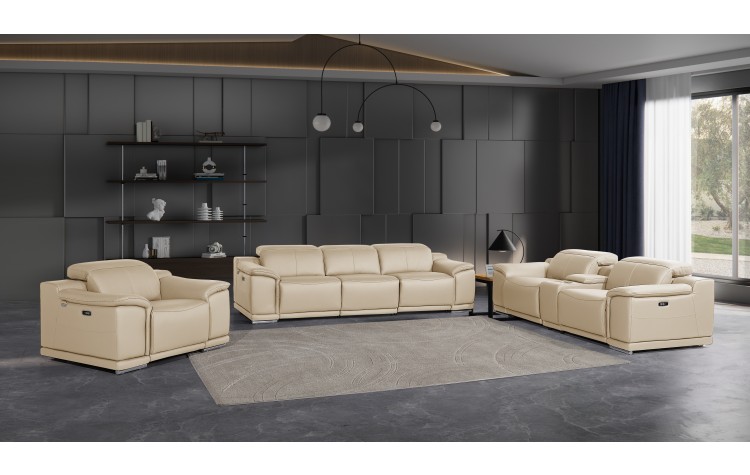9762 DivanItalia Beige 7-Piece Modular Power Reclining Sofa Loveseat and Chair Set 5 Recliners Top Grain Italian Leather
