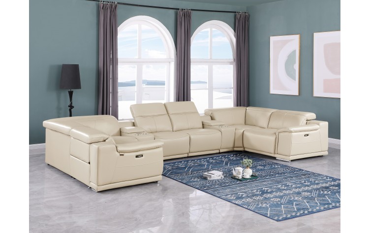 9762 DivanItalia Beige 8-Piece Sectional – Top Grain Italian Leather with 2 Power Recliners and 2 Consoles