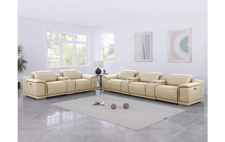 9762 DivanItalia Beige 8-Piece Modular Power Reclining Sofa and Loveseat Set – Top Grain Italian Leather