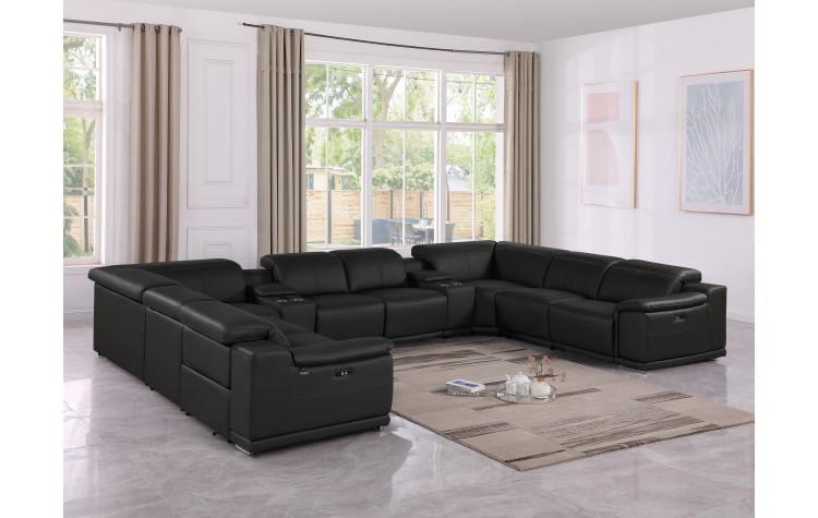 9762 DivanItalia Black 10-Piece Sectional – Top Grain Italian Leather with 4 Power Recliners  and 2 Consoles