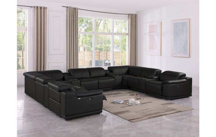 9762 DivanItalia Black 12-Piece Sectional – Top Grain Italian Leather with 4 Power Recliners and 4 Consoles