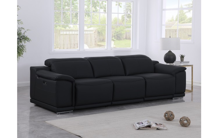 9762 DivanItalia Black Top Grain Italian Leather Power Reclining Sofa with Dual Recliners