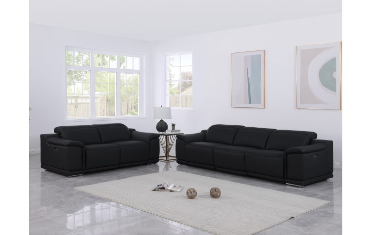 9762 DivanItalia Black Modular Power Reclining Sofa and Loveseat Set in Top Grain Italian Leather