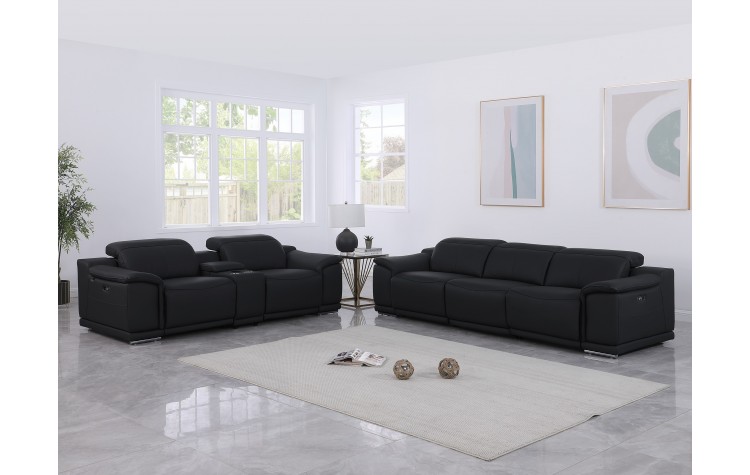 9762 DivanItalia Black 6-Piece Modular Power Reclining Sofa and Loveseat Set – Top Grain Italian Leather