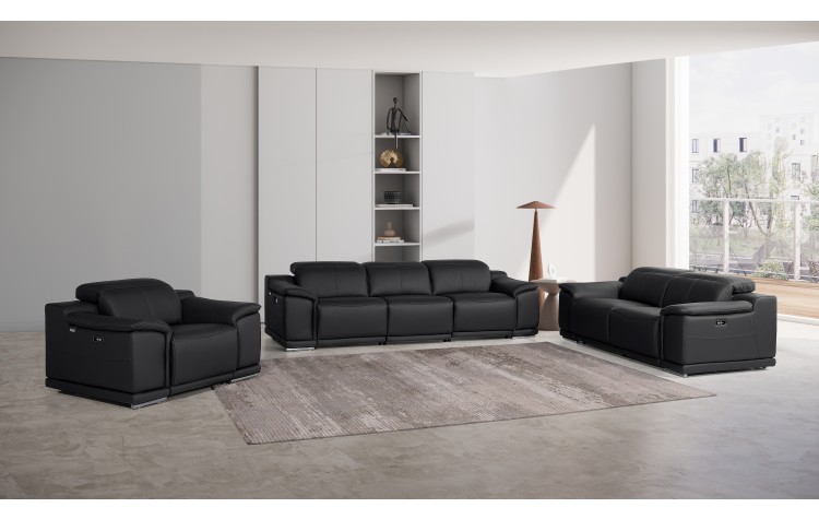9762 DivanItalia Black Modular Power Reclining Sofa Loveseat and Chair Set in Italian Top Grain Leather