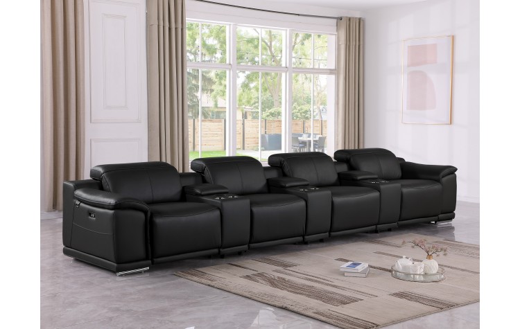 9762 DivanItalia Black 7-Piece Modular Power Reclining Sofa – Top Grain Italian Leather