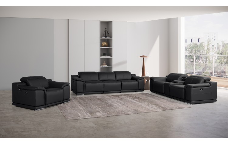 9762 DivanItalia Black 7-Piece Modular Power Reclining Sofa Loveseat and Chair Set 6 Recliners Top Grain Italian Leather