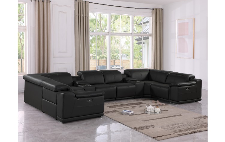 9762 DivanItalia Black 8-Piece Sectional – Top Grain Italian Leather with 2 Power Recliners and 2 Consoles