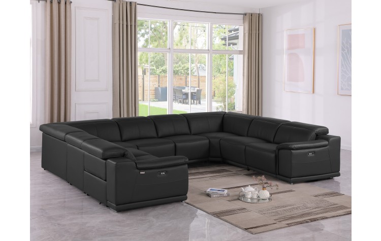 9762 DivanItalia Black 8-Piece Sectional – Top Grain Italian Leather with 4 Power Recliners