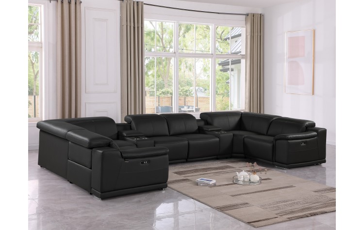 9762 DivanItalia Black 8-Piece Sectional – Top Grain Italian Leather with 4 Power Recliners and 2 Consoles