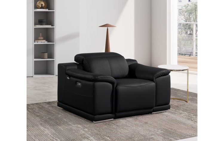 9762 DivanItalia Black Top Grain Italian Leather Power Reclining Chair with Adjustable Headrest