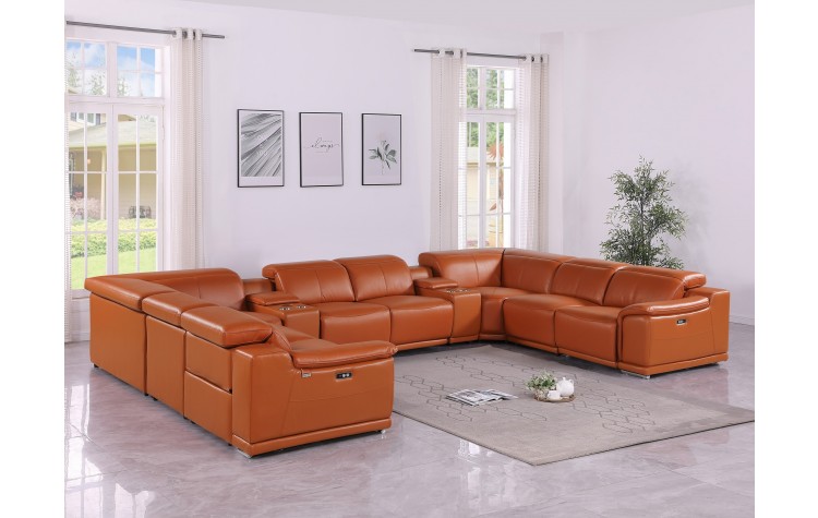 9762 DivanItalia Camel 10-Piece Sectional – Top Grain Italian Leather with 4 Power Recliners  and 2 Consoles