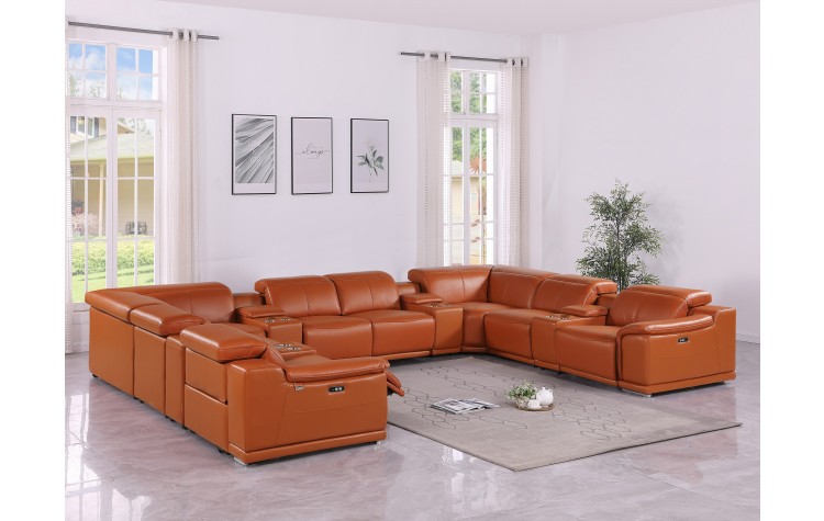 9762 DivanItalia Camel 12-Piece Sectional – Top Grain Italian Leather with 4 Power Recliners and 4 Consoles