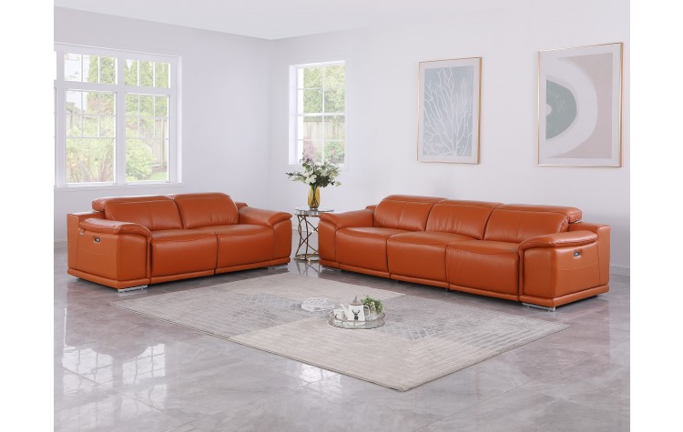 9762 DivanItalia Camel Modular Power Reclining Sofa and Loveseat Set in Top Grain Italian Leather