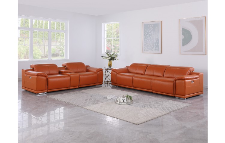 9762 DivanItalia Camel 6-Piece Modular Power Reclining Sofa and Loveseat Set – Top Grain Italian Leather