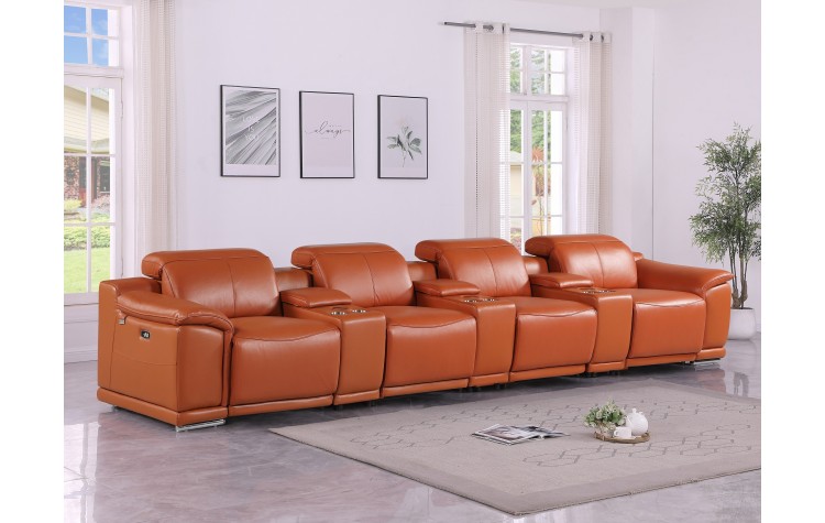 9762 DivanItalia Camel 7-Piece Modular Power Reclining Sofa – Top Grain Italian Leather