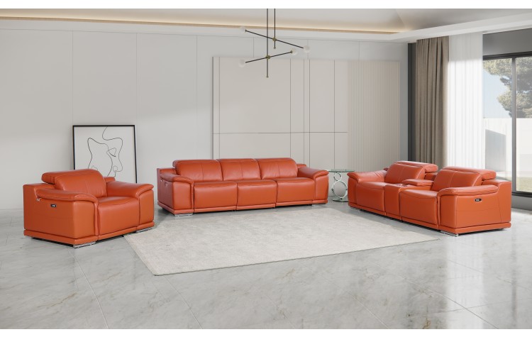 9762 DivanItalia Camel 7-Piece Modular Power Reclining Sofa Loveseat and Chair Set 6 Recliners Top Grain Italian Leather