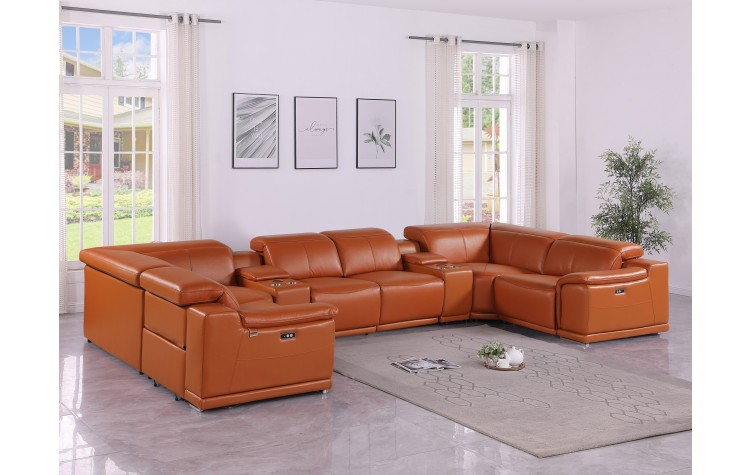 9762 DivanItalia Camel 8-Piece Sectional – Top Grain Italian Leather with 2 Power Recliners and 2 Consoles