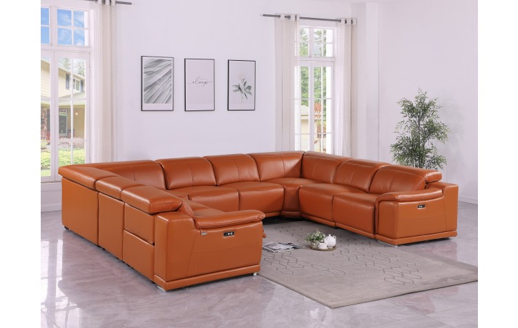 9762 DivanItalia Camel 8-Piece Sectional – Top Grain Italian Leather with 4 Power Recliners